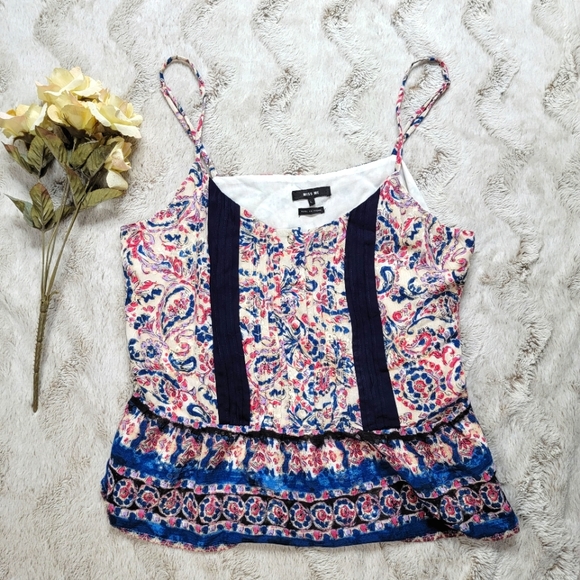 Miss Me Pleated Floral Tank Top in Navy Blue Sleeveless Size L - Picture 2 of 14